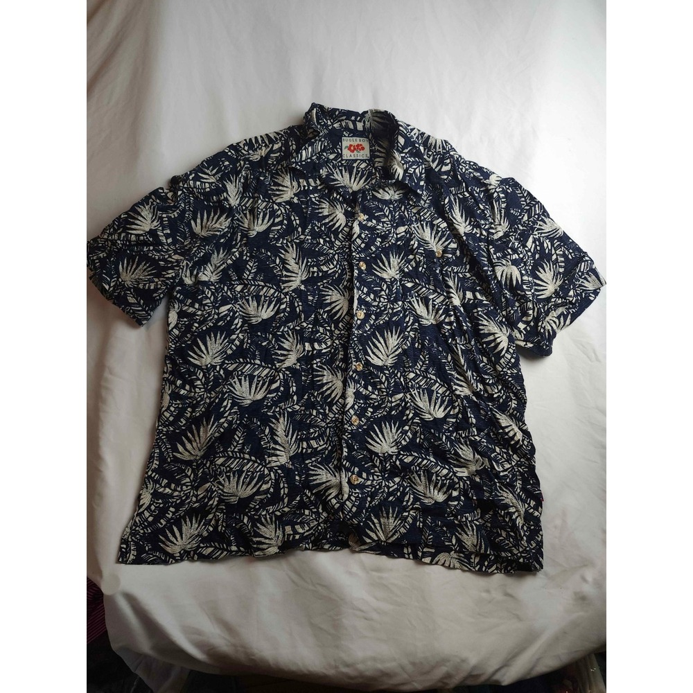 Bugle Boy Classics Mens XL Silk Blend Navy Blue Tropical Palm Leaf Camp Shirt